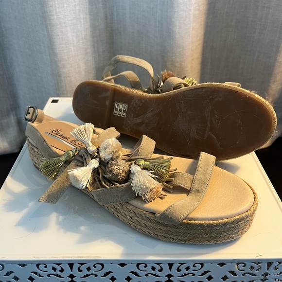 Carmen Saiz Tan Suede Strap Sandals adorned with Fringe and Poms	Sandals 	Size 9 - Picture 2 of 2